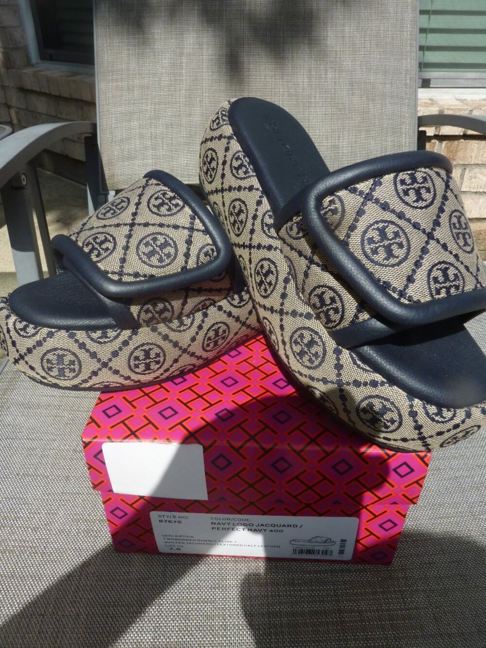 Tory Burch Navy Logo Jacquard Bubble Slides